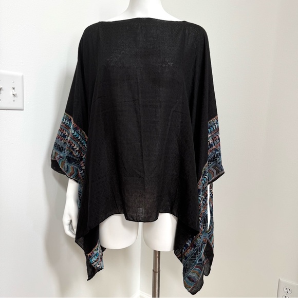 Three Bird Nest Black and Embroidered Swim Coverup Poncho - Picture 1 of 6